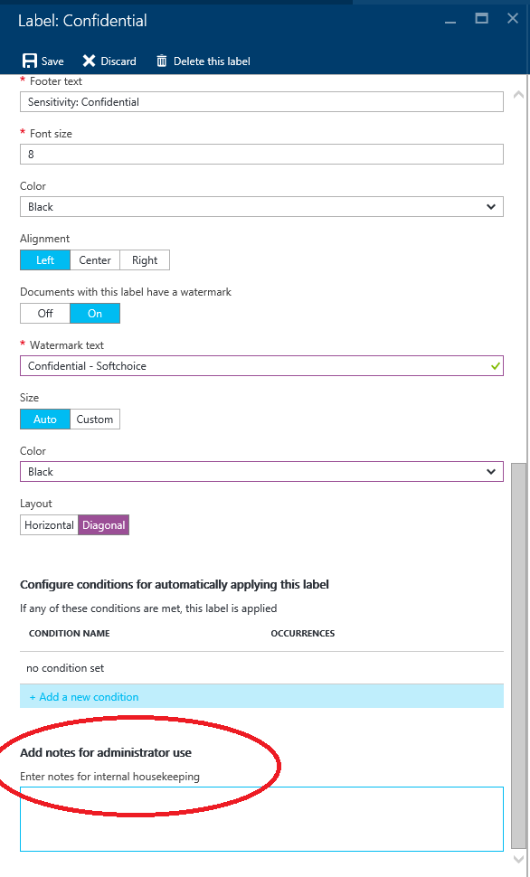 Azure information protection screenshot from configuring one of the classification levels - highlighting the ability to make an administrative note.