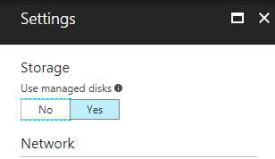 screenshot of Settings blade when creating a new VM, showing "Use Managed disks" option with Yes selected