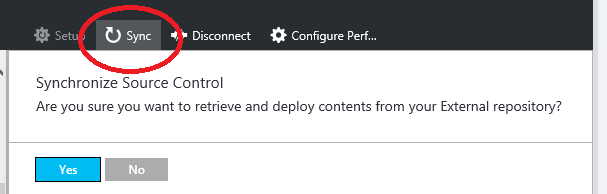 Screenshot from Azure Portal, showing the Deployment Sources blade and the sync button.